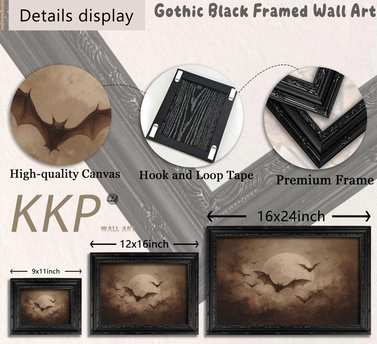 KKP Vintage Gothic Bats Full Moon Wall Art, Dark Academia Halloween Picture