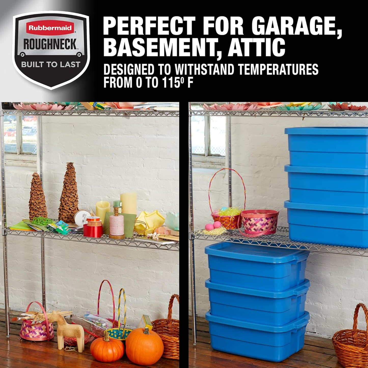 Rubbermaid Roughneck Tote - 10 Gallon Stackable Storage Bins | Rugged Plastic, Heritage Blue, 6 Pack