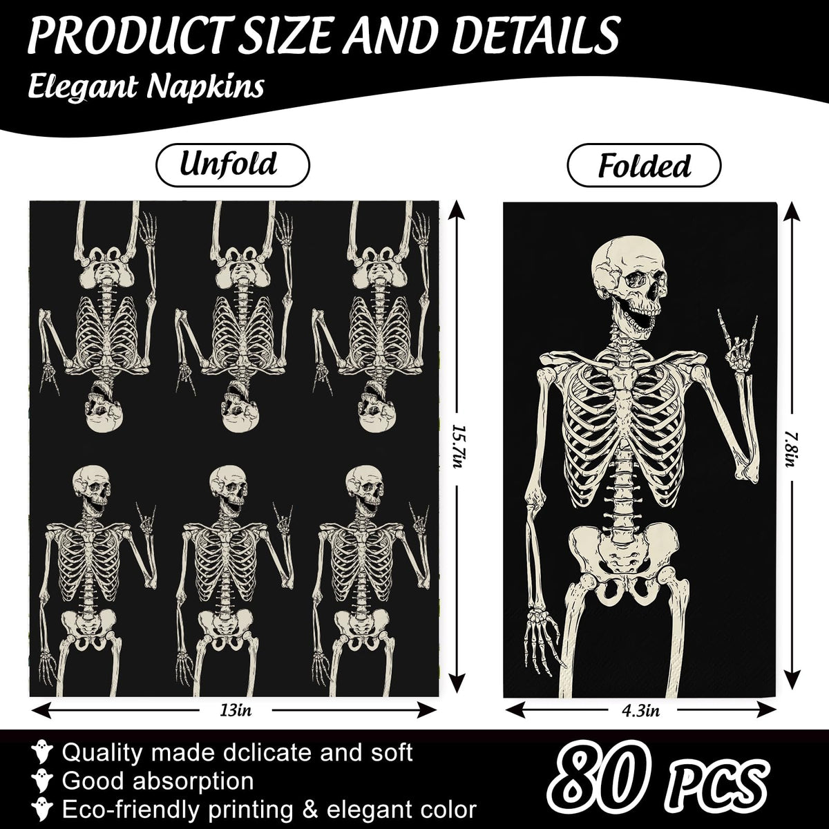 80Pcs Halloween Guest Napkin Black Skeleton Disposable Paper Napkins Dinner Hand Napkins for Home Party Supplies Table Decor