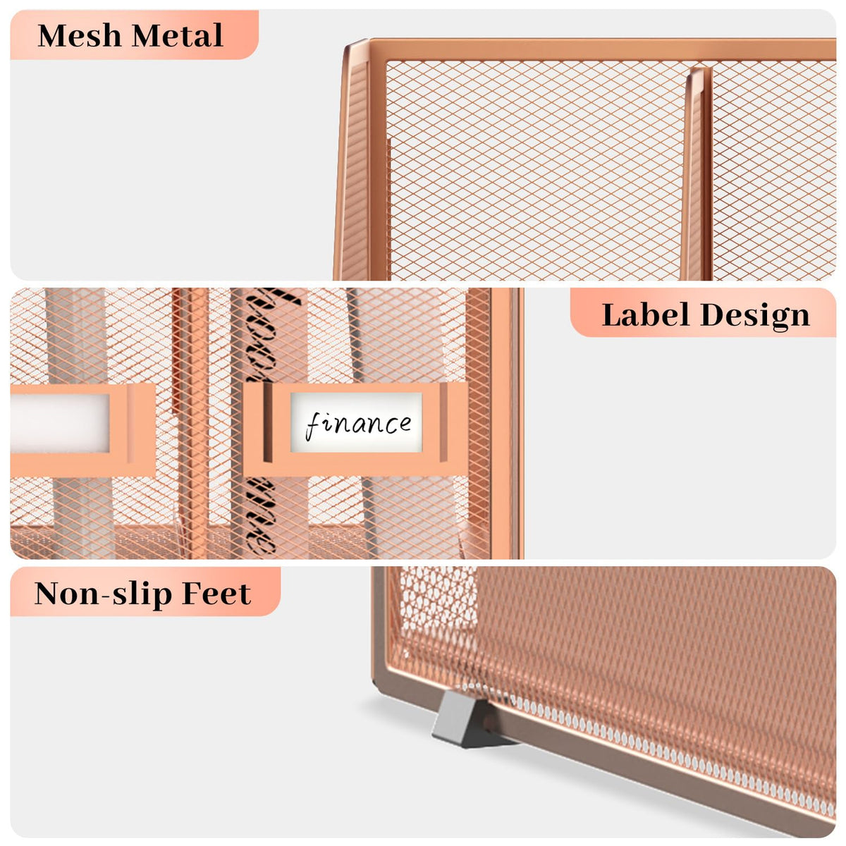 SUPEASY Desk Organizers Metal Desk Magazine File Holder with 5 Vertical Compartments Rack File Organizer for Office Desktop, Home Workspace, Rose Gold