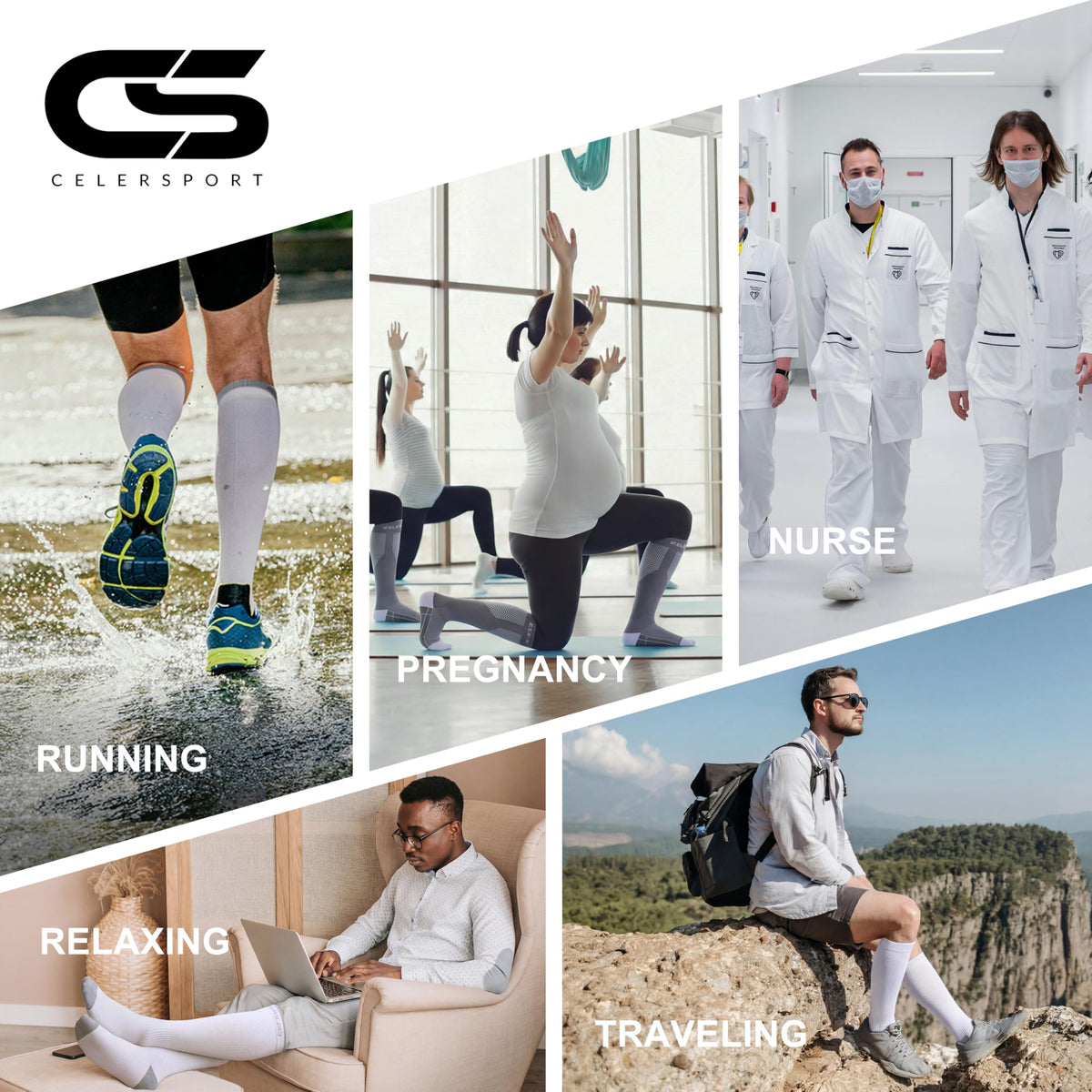 CS CELERSPORT 3 Pairs Compression Socks for Men and Women Running Support Socks Gifts for Men, Black + White + Grey, Large/X-Large