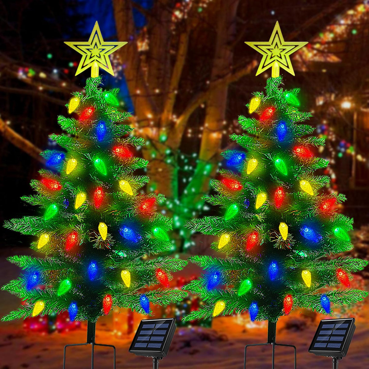 2-Pack 3.6FT Solar Christmas Tree Outdoor Christmas Decorations, 8 Modes Solar Xmas Tree Lights with 100 LED, Waterproof Solar Christmas Lights for Yard Front Porch Pathway Grave Cemetery Decor