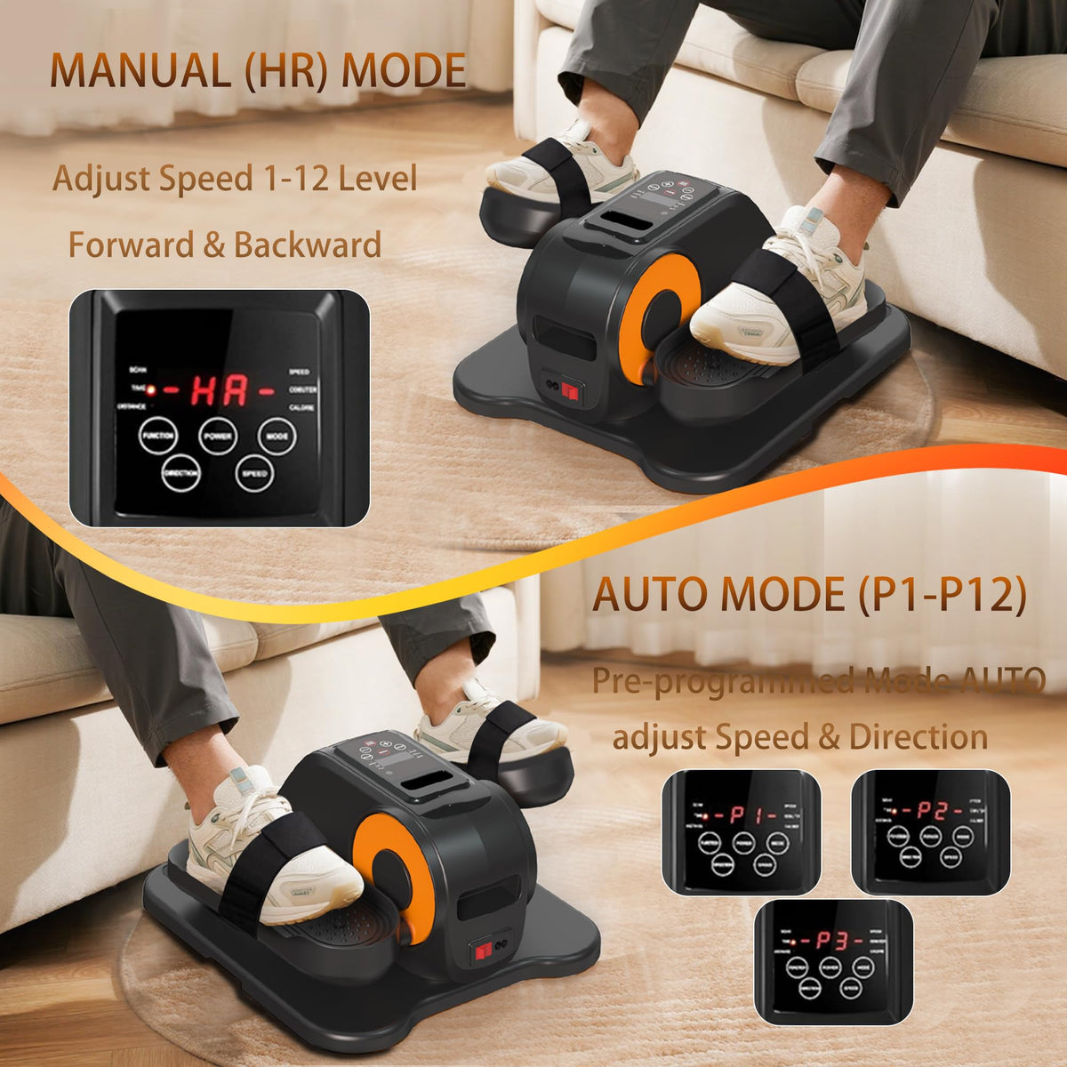 Wesec Under Desk Elliptical Machine, Electric Elliptical Training Machine w/Remote & 12 Speeds Level, Manual & Auto Mode, Elliptical Traier for Seniors Seated Pedal Exerciser for Home Office, Orange