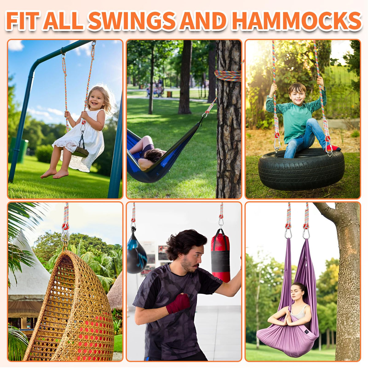 Werfeito Tree Swing Ropes (Set of 2), 5FT/10FT/15FT/20FT, Tree Swing Straps Hanging Kit Holds 4400 lbs, Heavy Duty Carabiners for All Swing Hammock Playground Set Accessories (15FT)