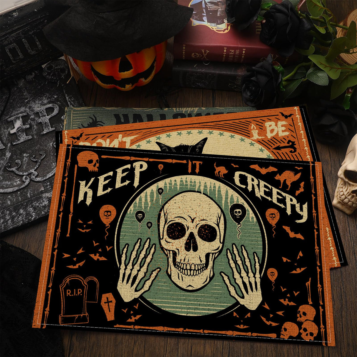 Umigy 6 Pcs Halloween Placemats 12"x18" Gothic Bat Placemats Kitchen Decoration Washable Witch Place Mats Rectangle Skull Table Mats for Halloween Dining Table Accessories(Scary)