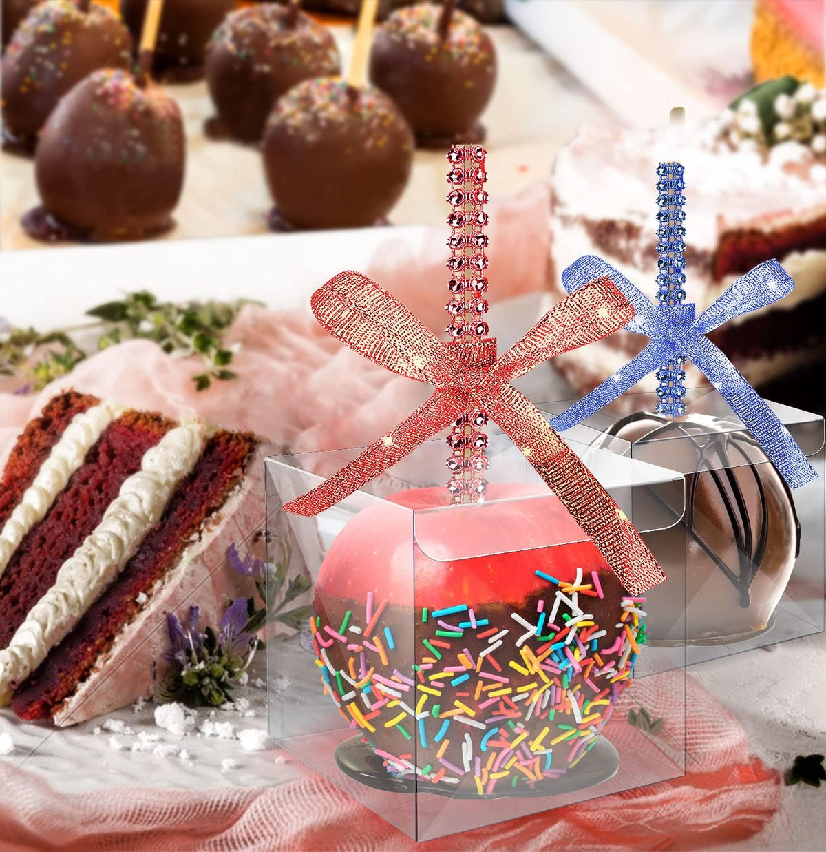 MGWOTH Candy Apple Boxes with Bling Stick Hole Set, 20 Pack Caramel Apple Wrapping Kit with Clear Containers & Rhinestone Bamboo Skewers & Glitter Ribbons, Top for Cake Pop Chocolate Treat Christmas