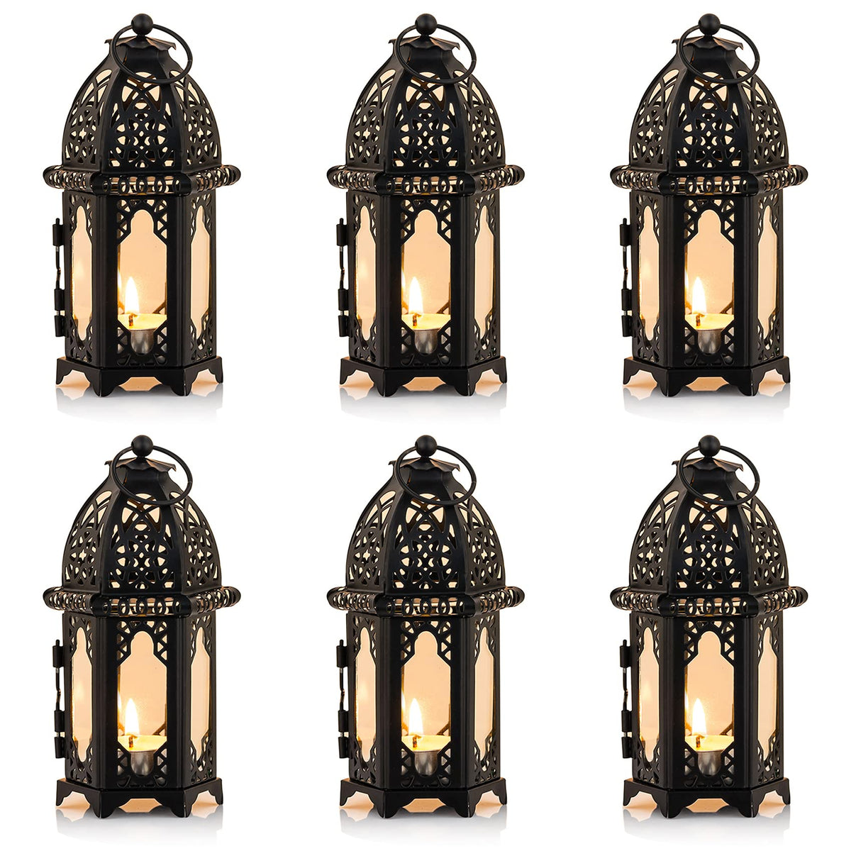 NUPTIO 6 Pcs Hanging Candle Holder Lantern Centerpiece Table/Hanging Glass Hexagon Moroccan Candle Lantern Holders, Black