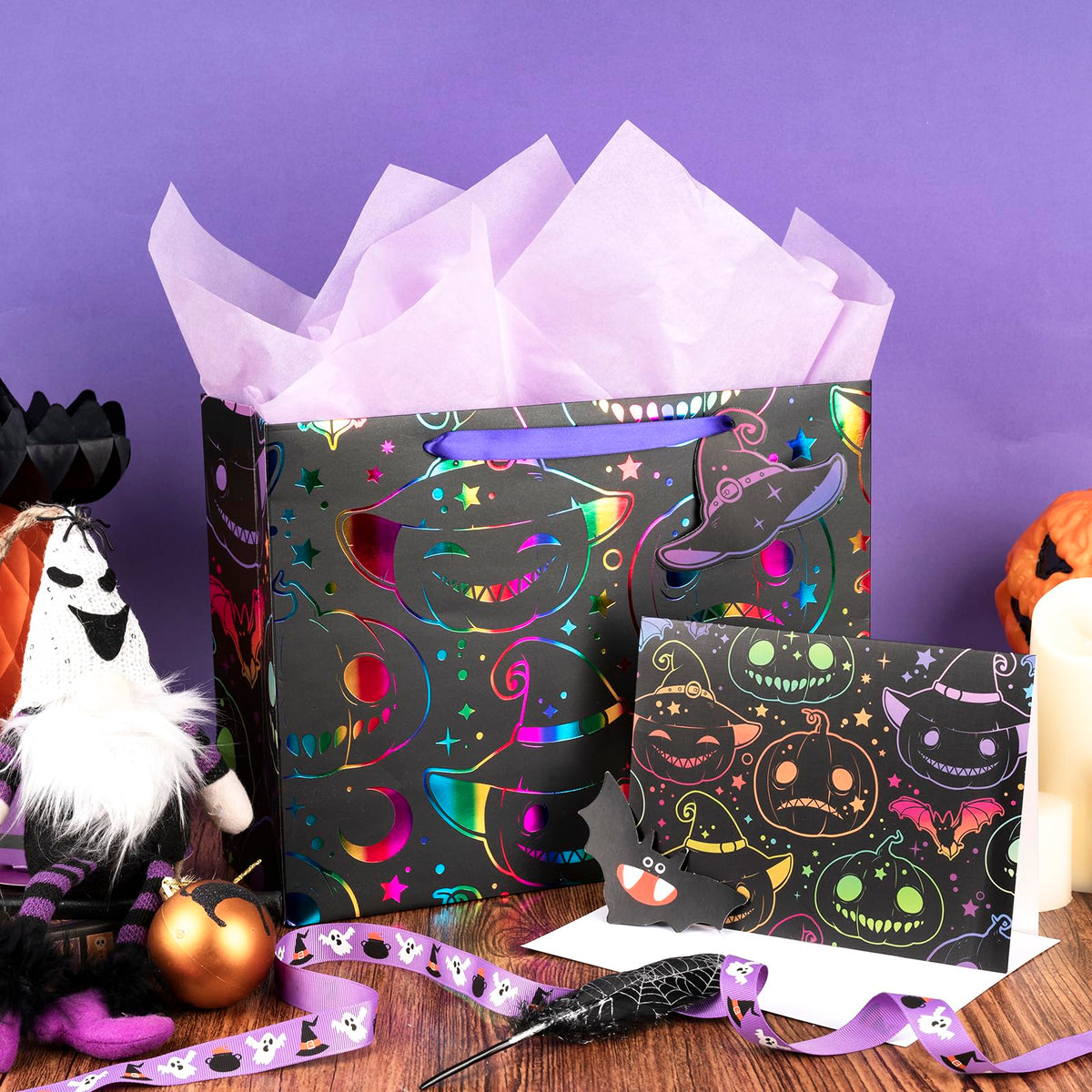 LeZakaa Halloween Wrapping Paper Roll & 13" Gift Bag with Tissue Paper, Gift Tag, and Card, Evil Pumpkin Fluorescent Black
