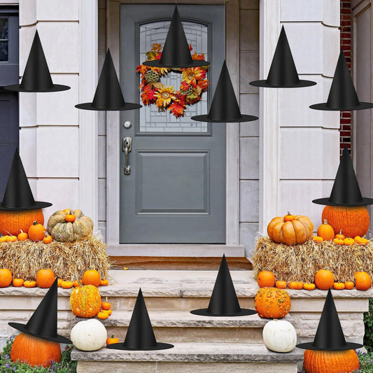 12 Pcs Halloween Decorations Witch Hat, Thickened Black Witch Hats Bulk Costume Accessory, Hanging Wizard Hat with Rope, Floating Witches Hats for Porch Yard Indoor Outdoor Decor Party Supplies