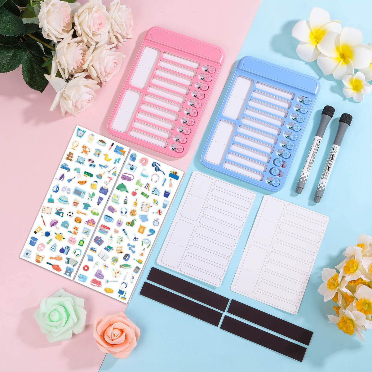 Audab 2Pcs Dry Erase Chore Chart for Kids, Magnetic Checklist Board, My Chores Slider Chart to Do List Board, Routine Chart Schedule Board Task Tracker for Home Refrigerator, Wall, Desk (Blue & Pink)