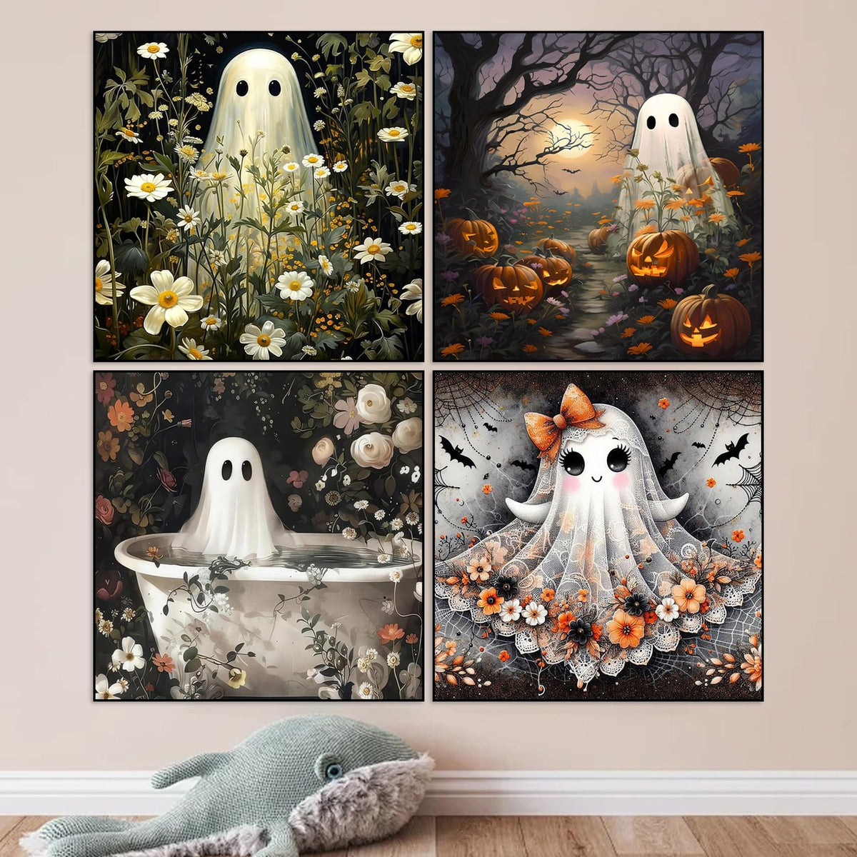 4 Pack Halloween Diamond Art Kits for Adults Beginner, Ghost DIY Modern Diamond Painting Kits 5D Diamond Dots Gem Art Crafts with Tools,Round Full Drill Funny Crafts for Women's hobbies-12x16inch