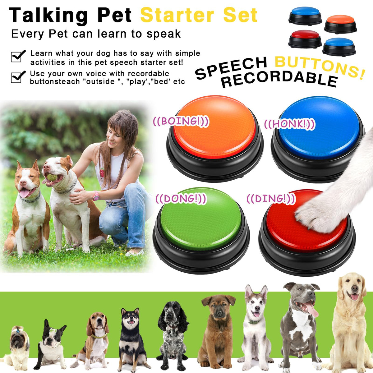 Deekin 16 Pcs Recordable Answer Buzzers Bulk Trivia Game Show Buzz Dog Buttons for Classroom Back to School Class Team Family Nights Communication Pet Training Gifts