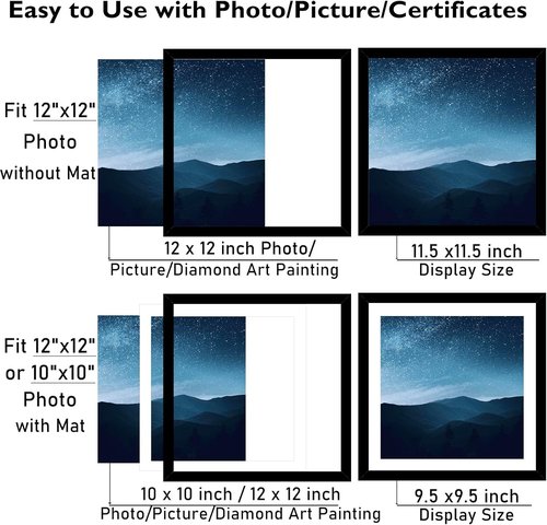 JCJMY 12x12 Picture Frame - Versatile Display for 10x10 or 12x12 Art | Black with Plexiglass
