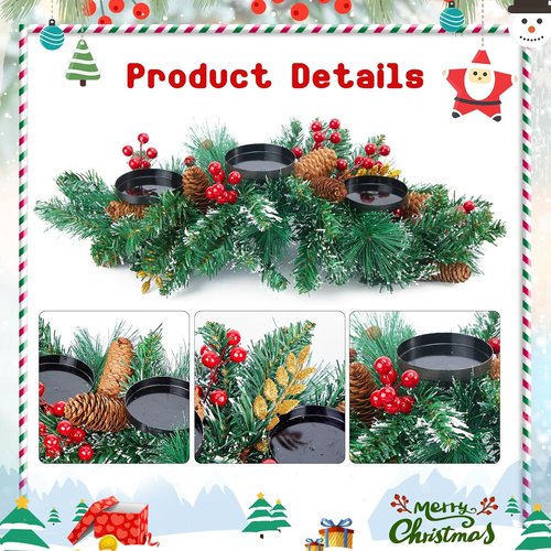 Brightown 20.5” Iron Christmas Candle Holder - Festive Pine Needles, Red Berries & Gold Accents