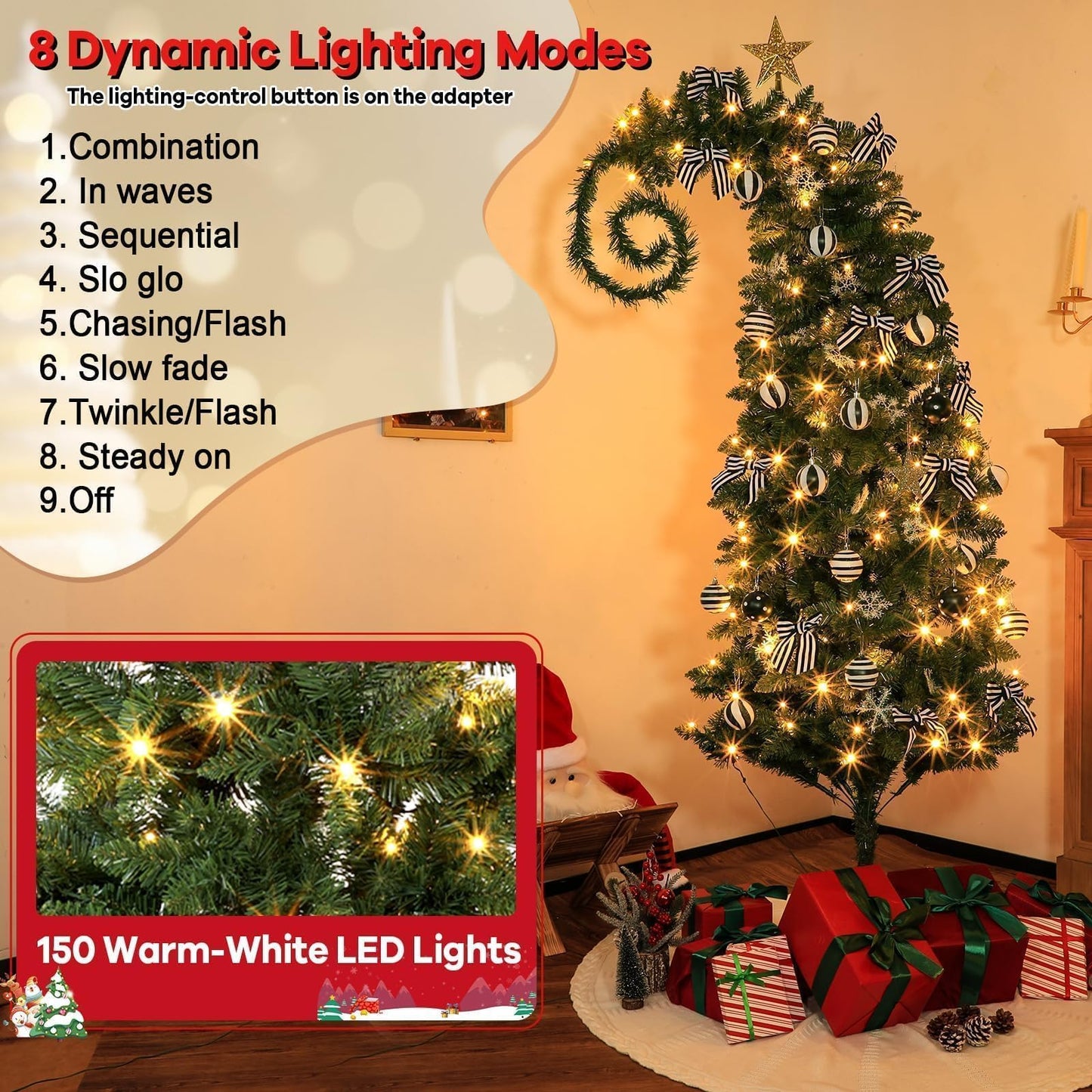 32Pcs 6 FT Christmas Tree with Light and Nightmare Ornament Ball Before Bendable Whimsical Christmas Tree with Black White Bow Ball 8 Modes String Light Crooked Bent Top for Home Decor (Green)