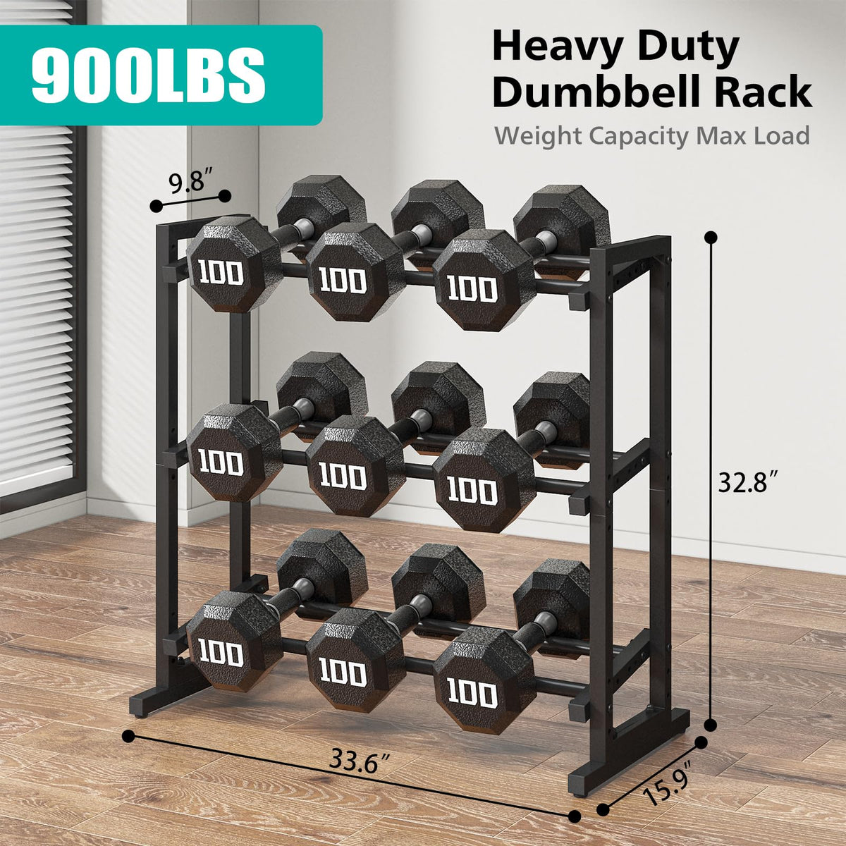Kificet 3 Tier Adjustable Dumbbell Rack, 33.6-Inch Weight Rack for Home Gym, Extended Base kettlebell holder for Home Gym, Space-Saving Dumbbell Stand - 900LBS Capacity (Rack Only)