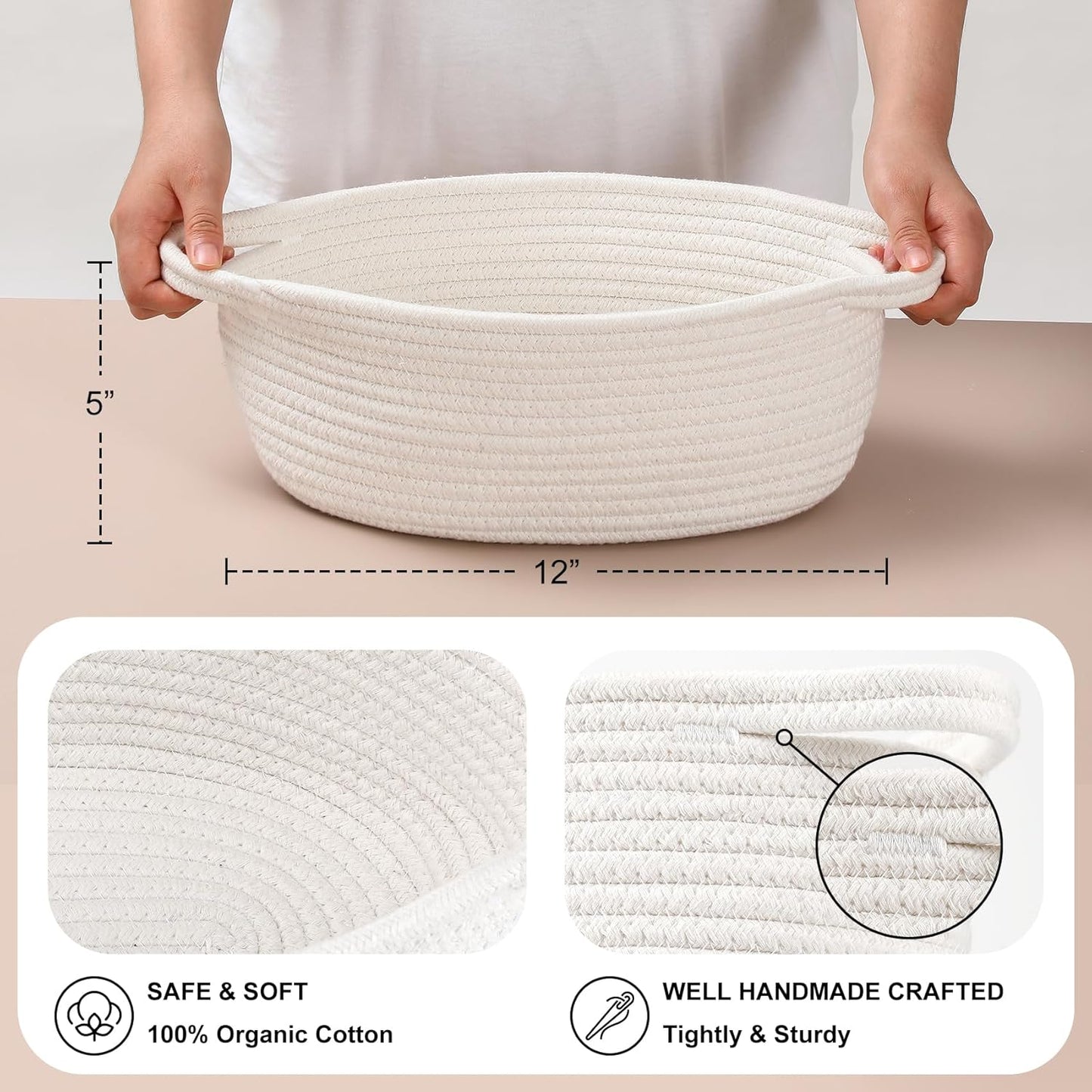 Skiennix Small Woven Baskets - Cute Nursery Storage with Gift Bags & Ribbons | 12"x 8"x 5", White