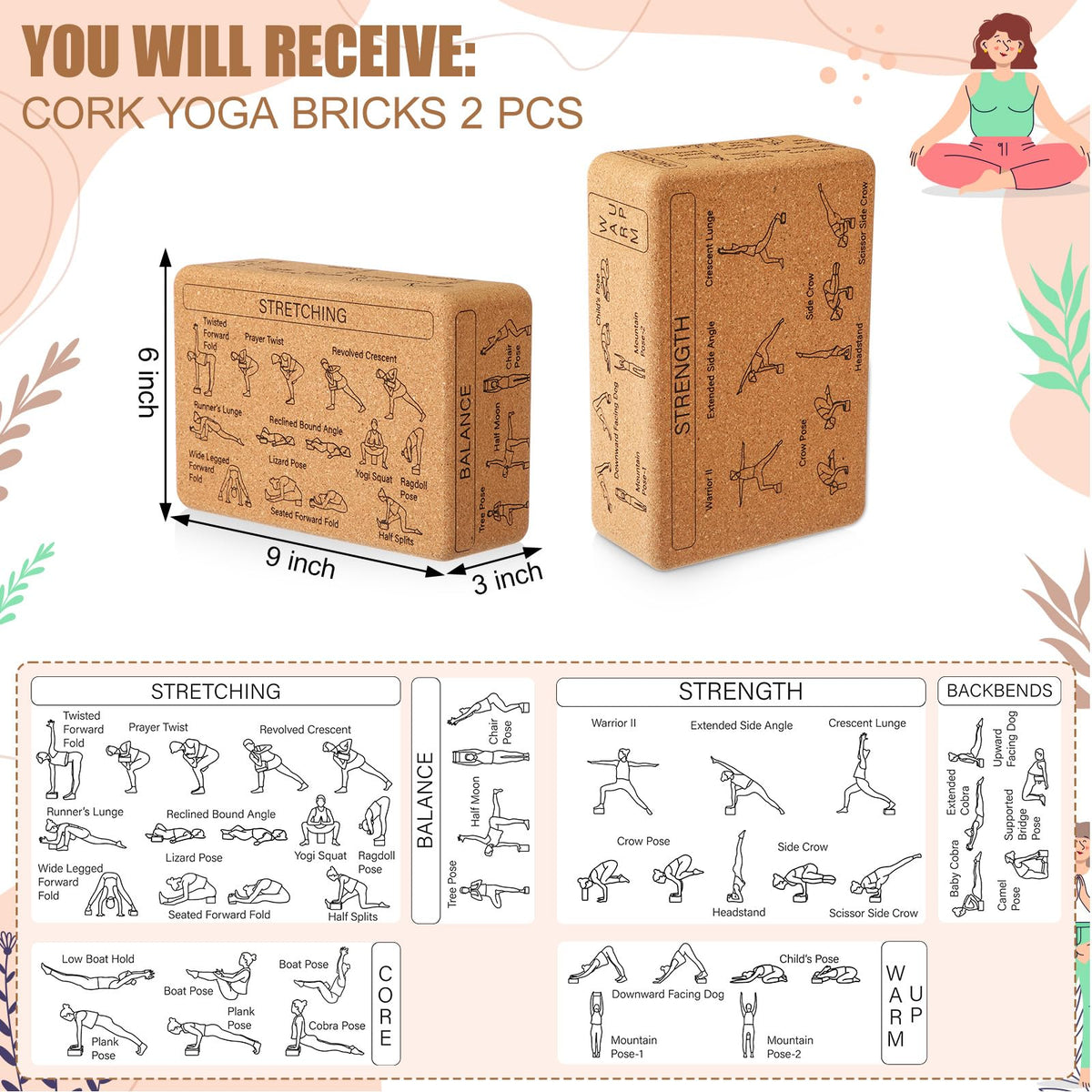 Halloscume Cork Yoga Blocks 2 Pack Yoga Poses Teaching Cork Blocks, Suitable Poses for Beginners and Experts High Density Block with Non Slip Surface for Better Support, Balance Comfort (Beige)