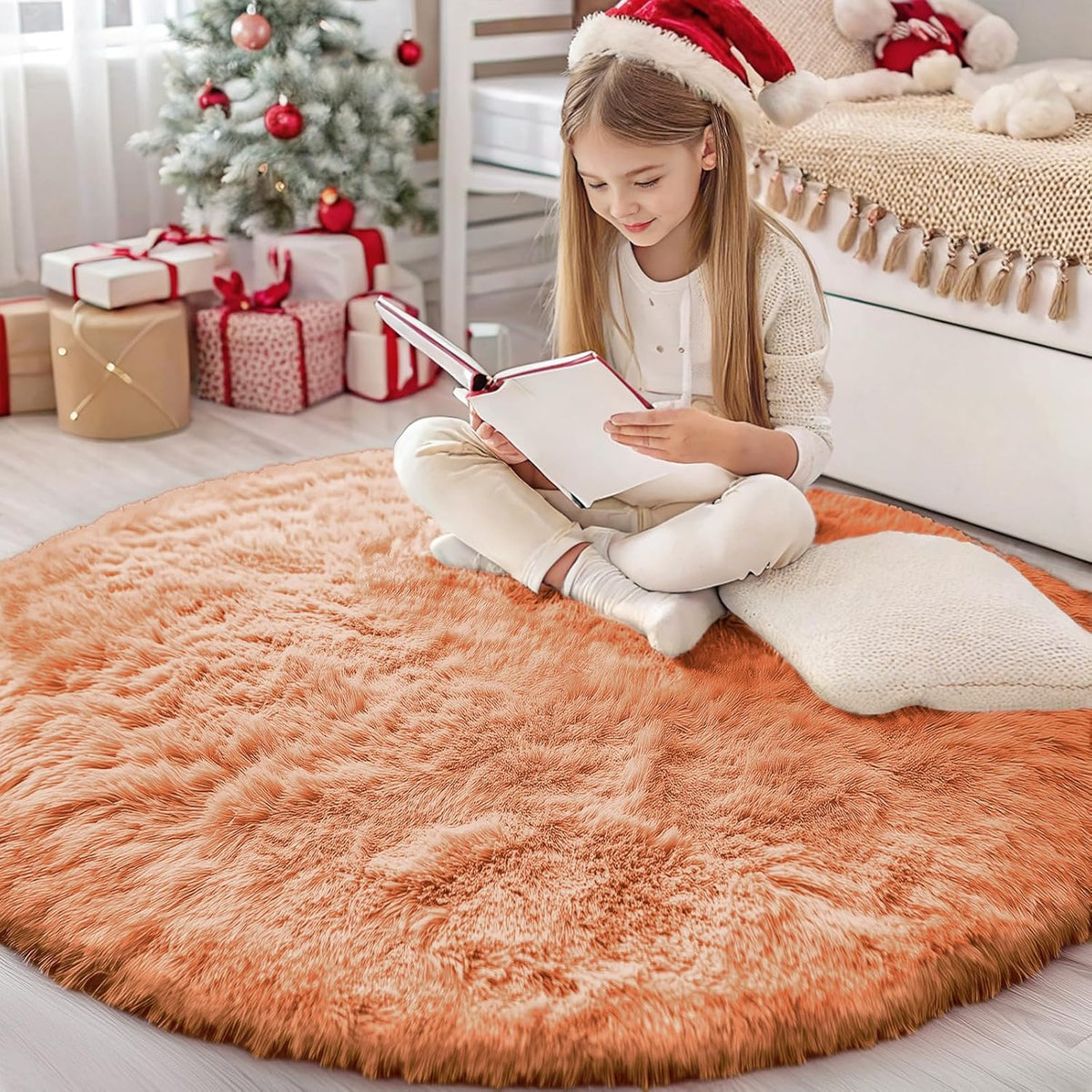 OLANLY Round Area Rug - Soft and Fluffy Muted Orange Shaggy Carpet, 4 ft Circle for Bedroom & Living Room Decor