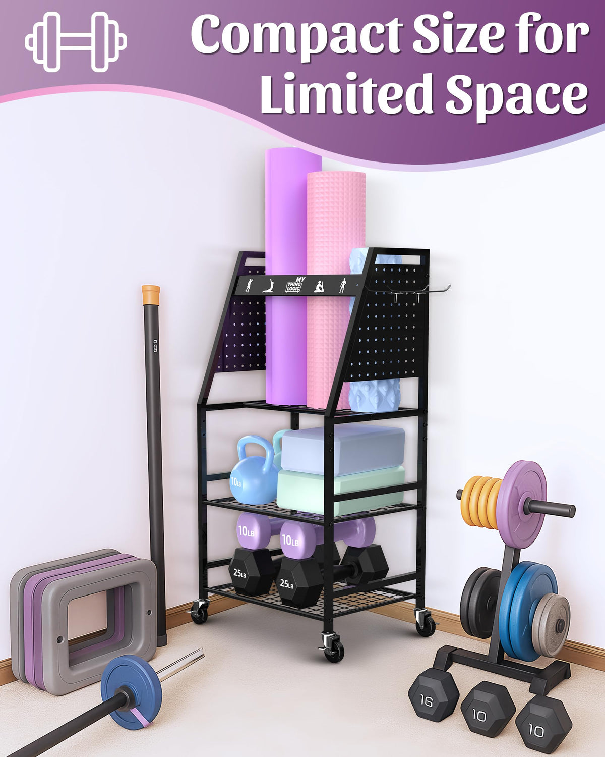 Mythinglogic Yoga Mat Storage Racks,Home Gym Storage Rack for Dumbbells Kettlebells Foam Roller, Yoga Strap and Resistance Bands, Workout Equipment Storage Organizer With Hooks and Wheels (New Black)