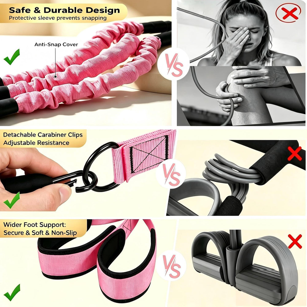 Pedal Resistance Band with Handle, 4 Fabric Covered Tubes 10-90 lbs Exercise Bands with Ankle Straps, Includes Massage Roller & Carry Bag, Full Body Home Gym Workout Equipment for Women and Men
