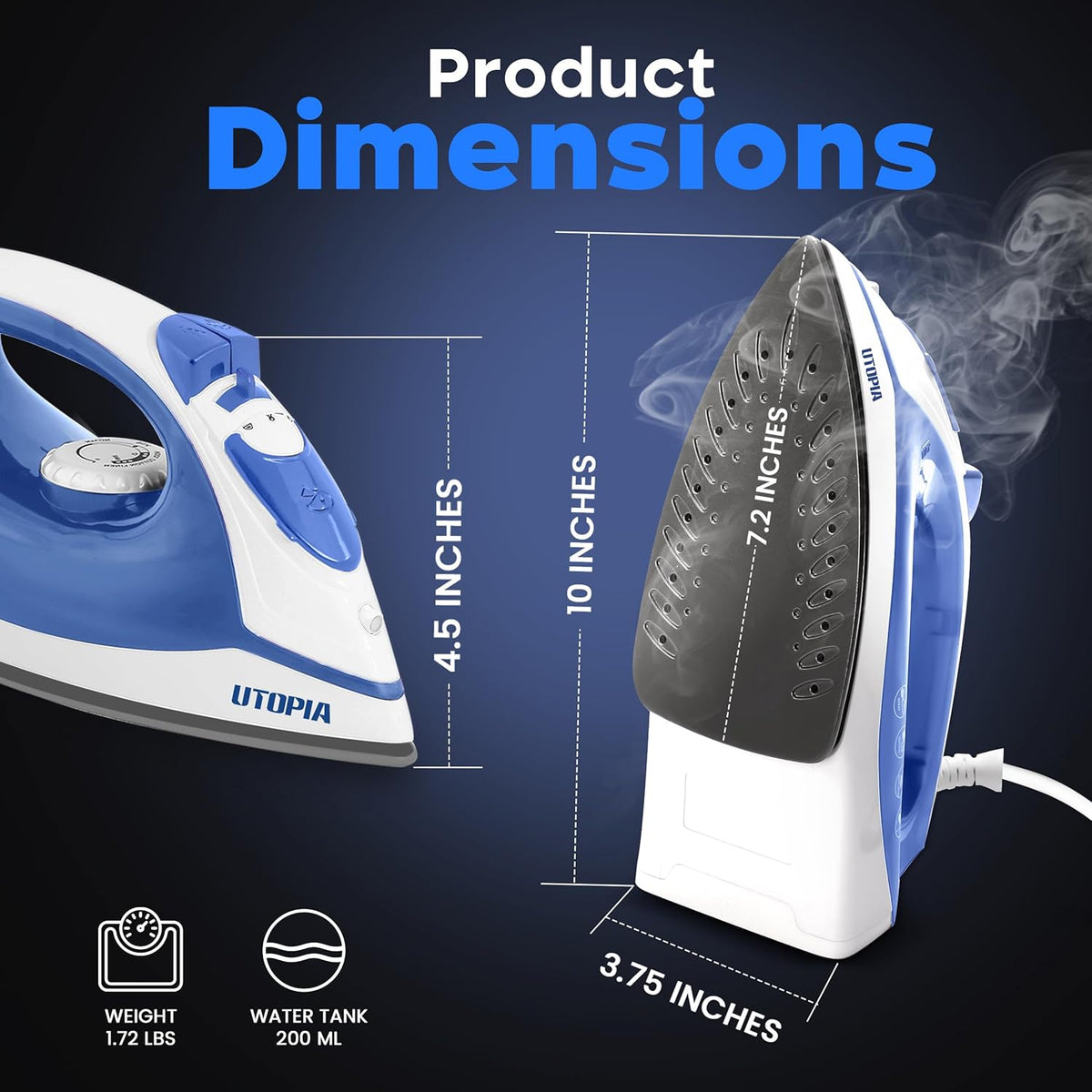 Utopia Home Steam Iron - 1200W Non-Stick Soleplate Clothes Iron with 2.3m Cord & Adjustable Thermostat | Blue