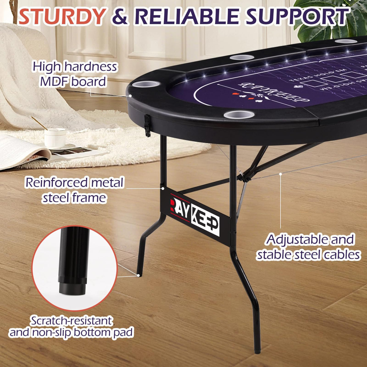 RAYKEEP 71" LED Poker Table - 8 Player Foldable Texas Hold'em Table with Built-in LED Lights, Padded Rails & 8 Cup Holders, Portable Casino Card Table for Home Game Room & Parties