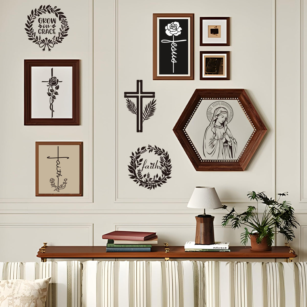Sitsink Religious Stencils for Crafts Reusable - 12 Pcs Chiristian Cross Inspirational Stencils for Wood Burning Wall Furniture Decor Drawing Template