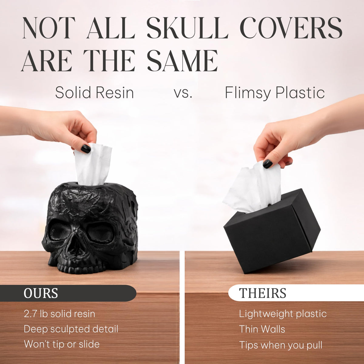 Death Decor Gothic Skull Tissue Box Cover – Heavyweight Square Tissue Holder – Won’t Move When Pulling a Tissue – Black Home & Bathroom Décor – Home Gift for Women & Men, Goth, Horror