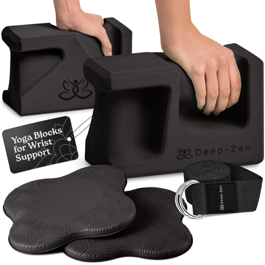 Deep-Zen PRO Yoga Blocks | Ergonomic Yoga Block 2 Pack for Wrist Comfort and Support | EVA Foam Exercise Blocks, 2x Knee Pads & Yoga Strap | Pilates Block Set | Bricks to Eliminate Wrist Pain, Black