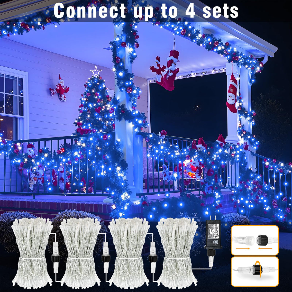 100FT 300 LED Outdoor String Lights, Plug in Connectable Christmas Lights Indoor Waterproof, 8 Modes String Lights for Outside Bedroom Home Xmas Tree Patio Yard Party Decorations, Blue and White
