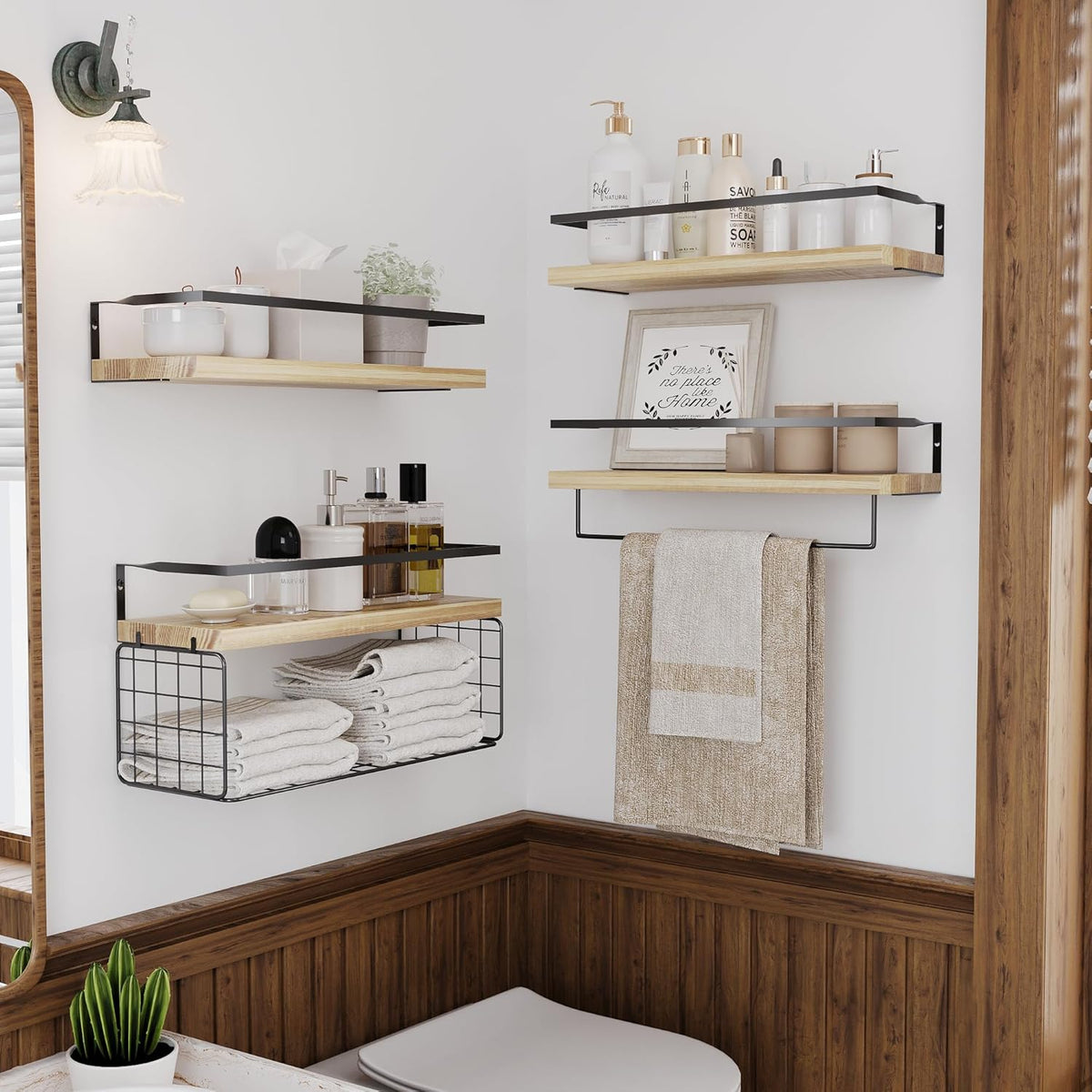 Wood Floating Shelves - 4-Tier Rustic Wall Mounted Shelves with Wire Basket & Towel Bar | Farmhouse Decor