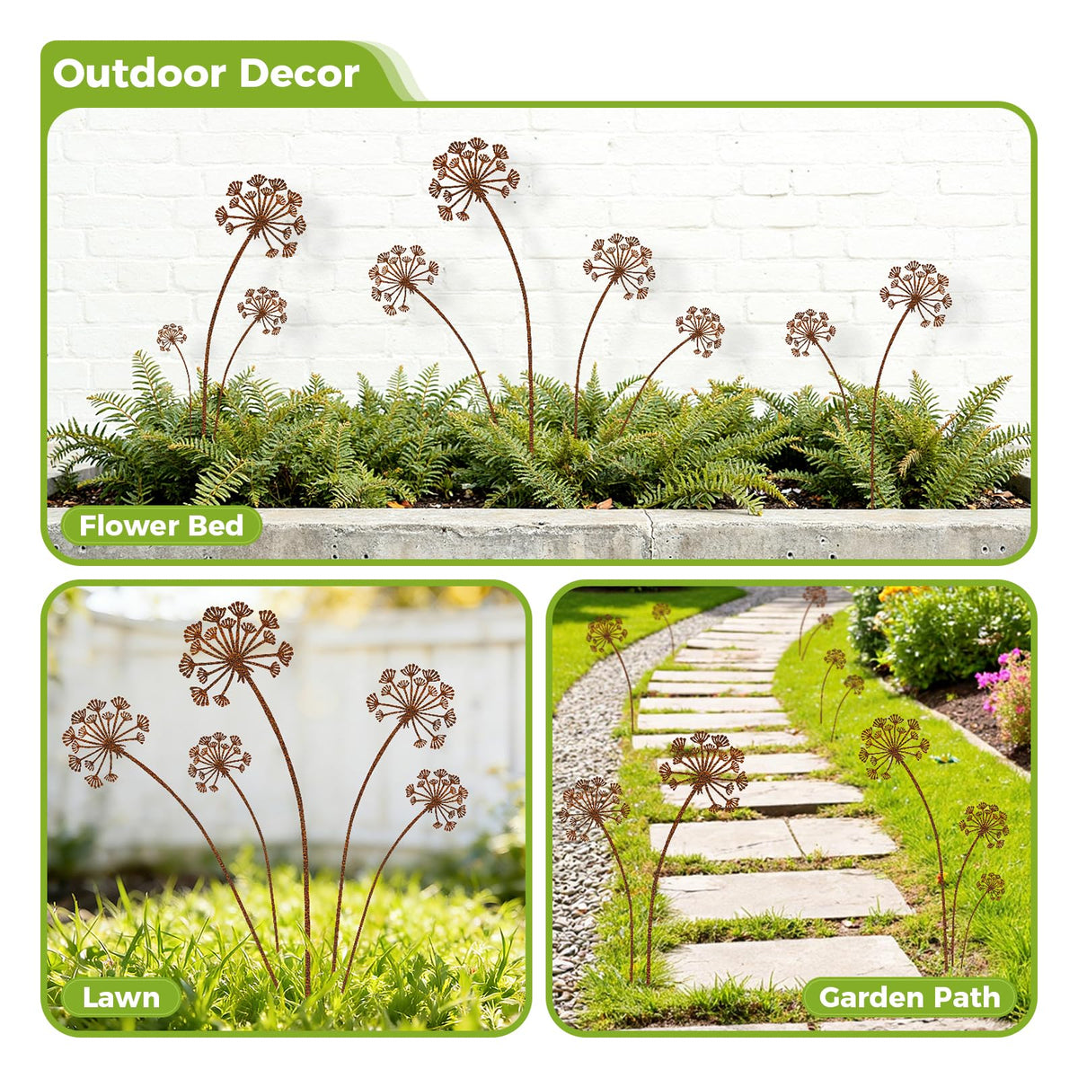 KODIBO 5-Pack Garden Stakes Decorative, Metal Dandelion Yard Stakes Outdoor Decor, Antique Rust Patina Yard Art, Rustic Garden Accents for Lawn, Border, Planters, Patio & Front Yard Landscaping