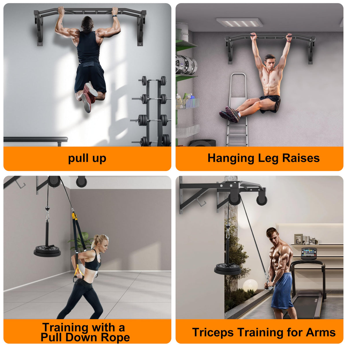 HWOOUSA Wall Mounted Pull Up Bar With Pulley System, 600lbs Heavy Duty Chin Up Bar, 48" Multi Grip Pullup Bar, for Garage Indoor Basement Workout Strength Training Equipment, Ease Of Use Mounting