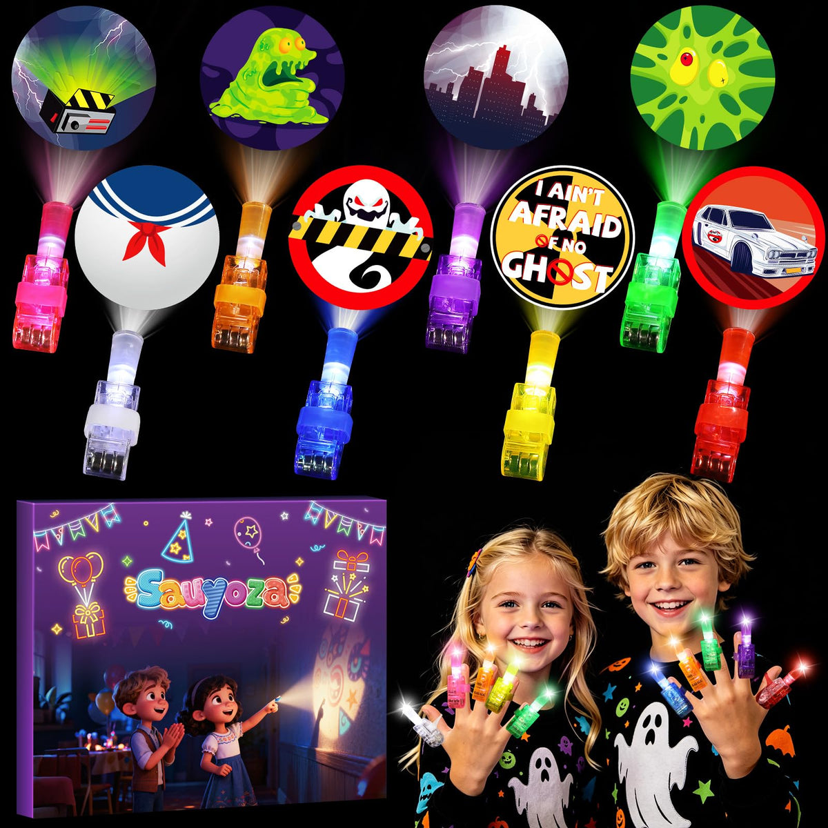 Sauyoza 36 Pack Green Ghost Party Favors LED Finger Lights for Kids, Green Ghost Themed Goodie Bag Stuffers, Classroom Treasure Box Prizes, Glow in the Dark Ghost Party Supplies