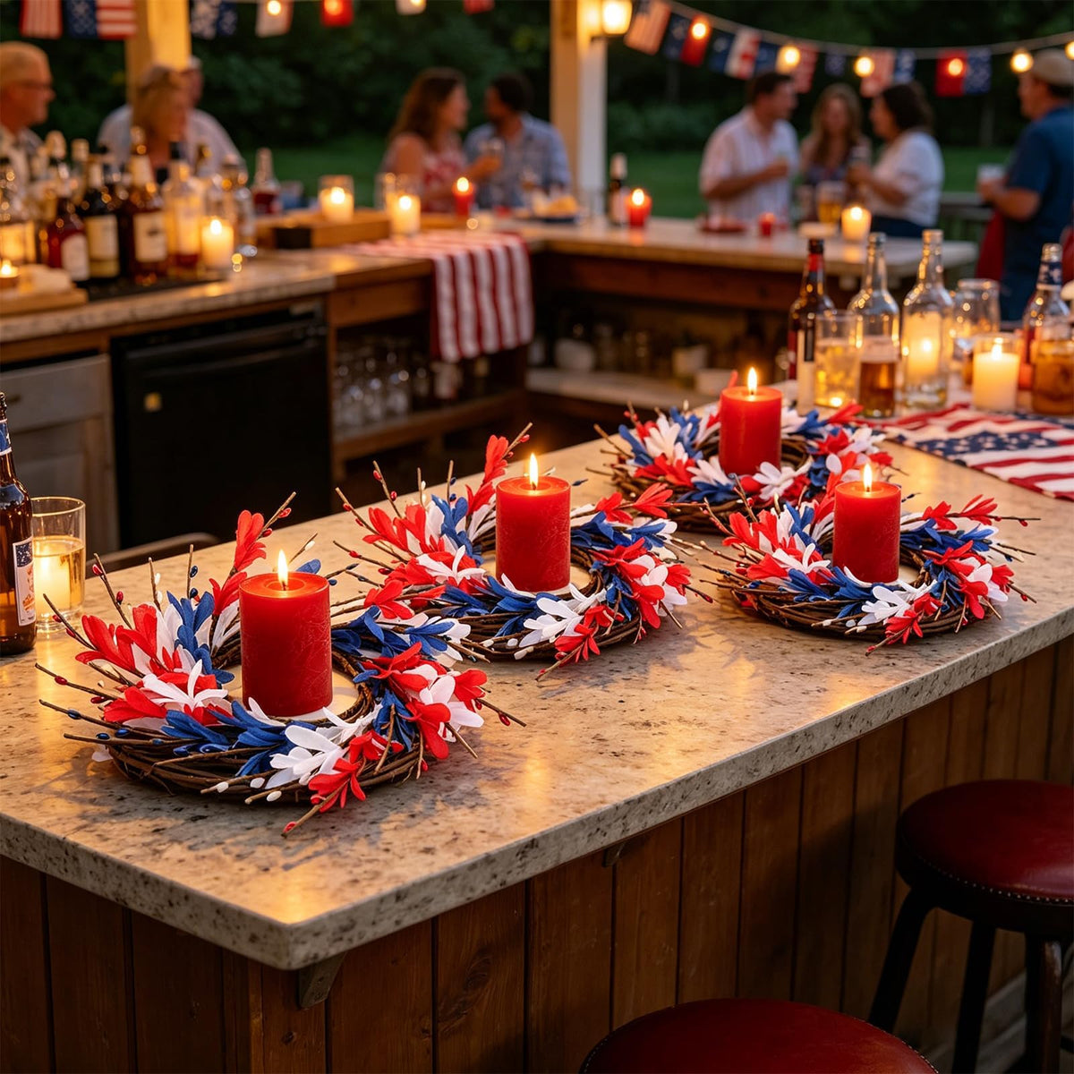 6 PCS Patriotic American Candle Rings Wreaths 4th of July Red White and Blue Floral Candle Rings Holder with Forsythia Flowers Mini Independence Day Wreath for Party Home Table Centerpiece Decor