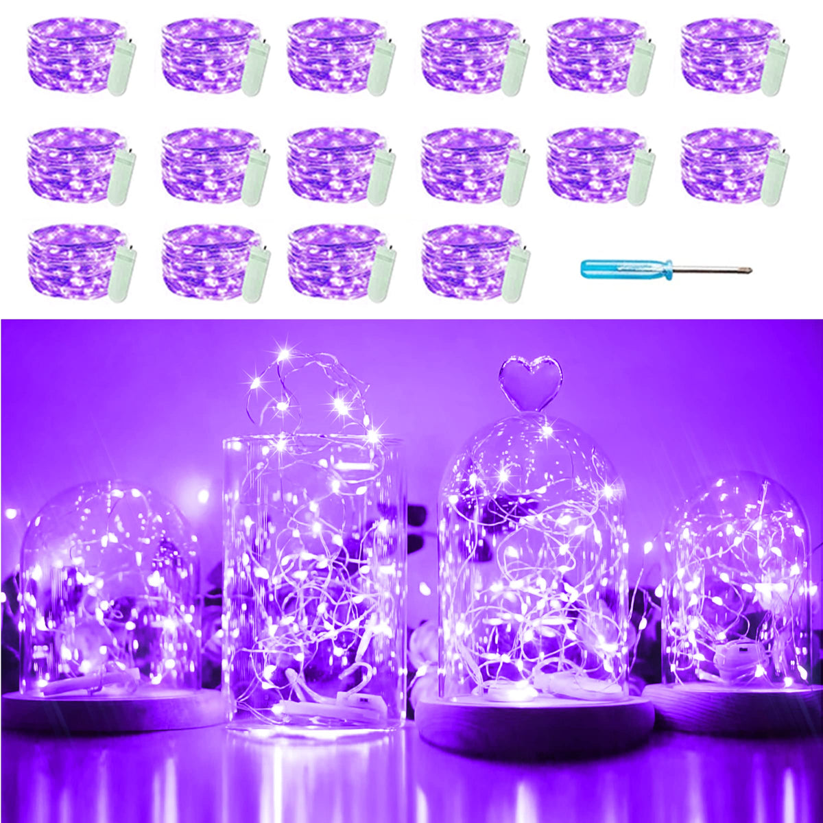 SunKite 16 Packs 20 LED Purple Fairy String Lights Battery Operated Waterproof 6.6 Feet Silver Copper Wire Firefly Starry Moon Lights for DIY Bottle Costume Wedding Party Bedroom Table Decor