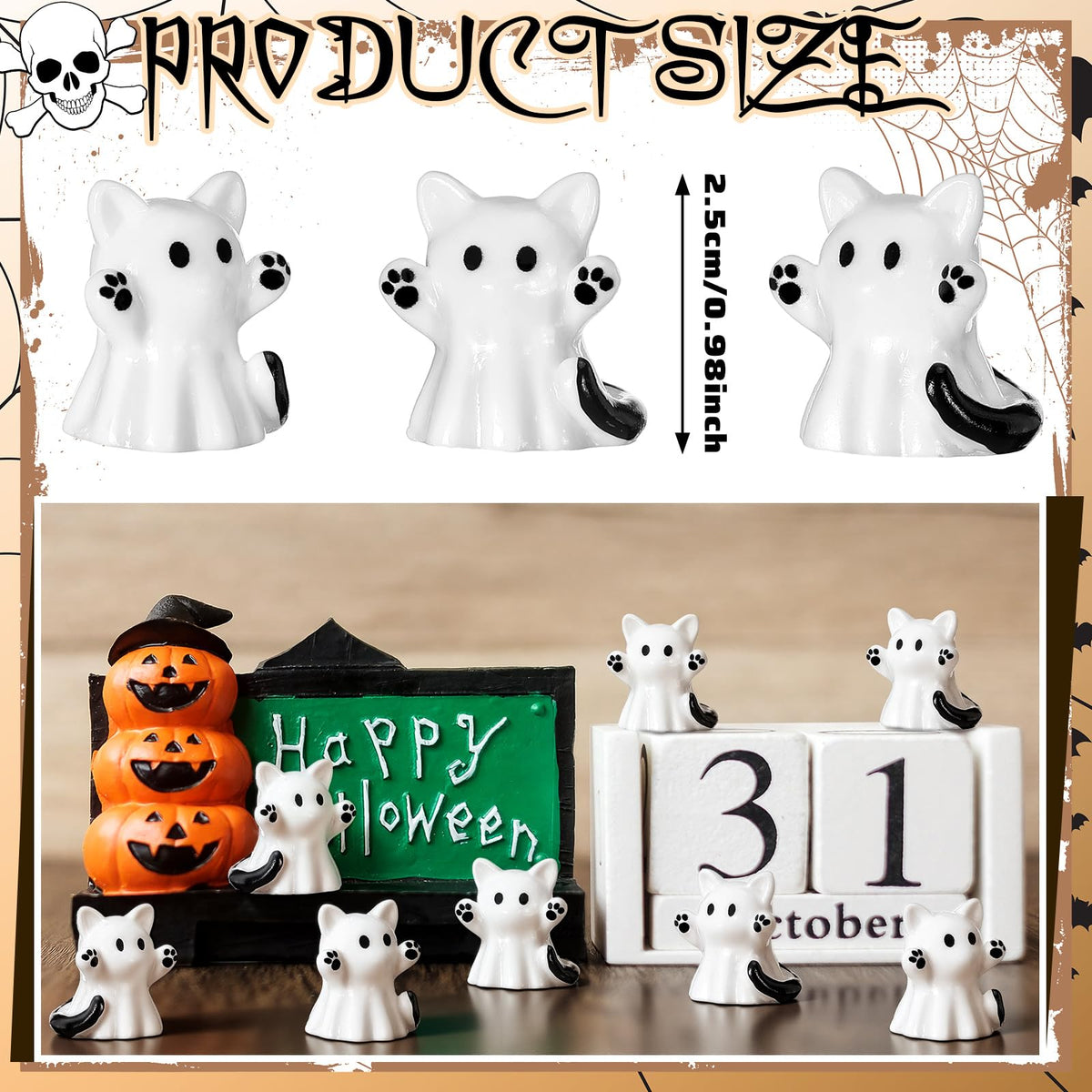 Lineshading 50 Pcs Halloween Mini Cat Ghost Figurines Decor Bulk Cute Ghost Cat Desk Statues 0.98 Inch Cartoon Spooky Figurines for Party Favors Desktop Halloween Decorations Display Ornaments