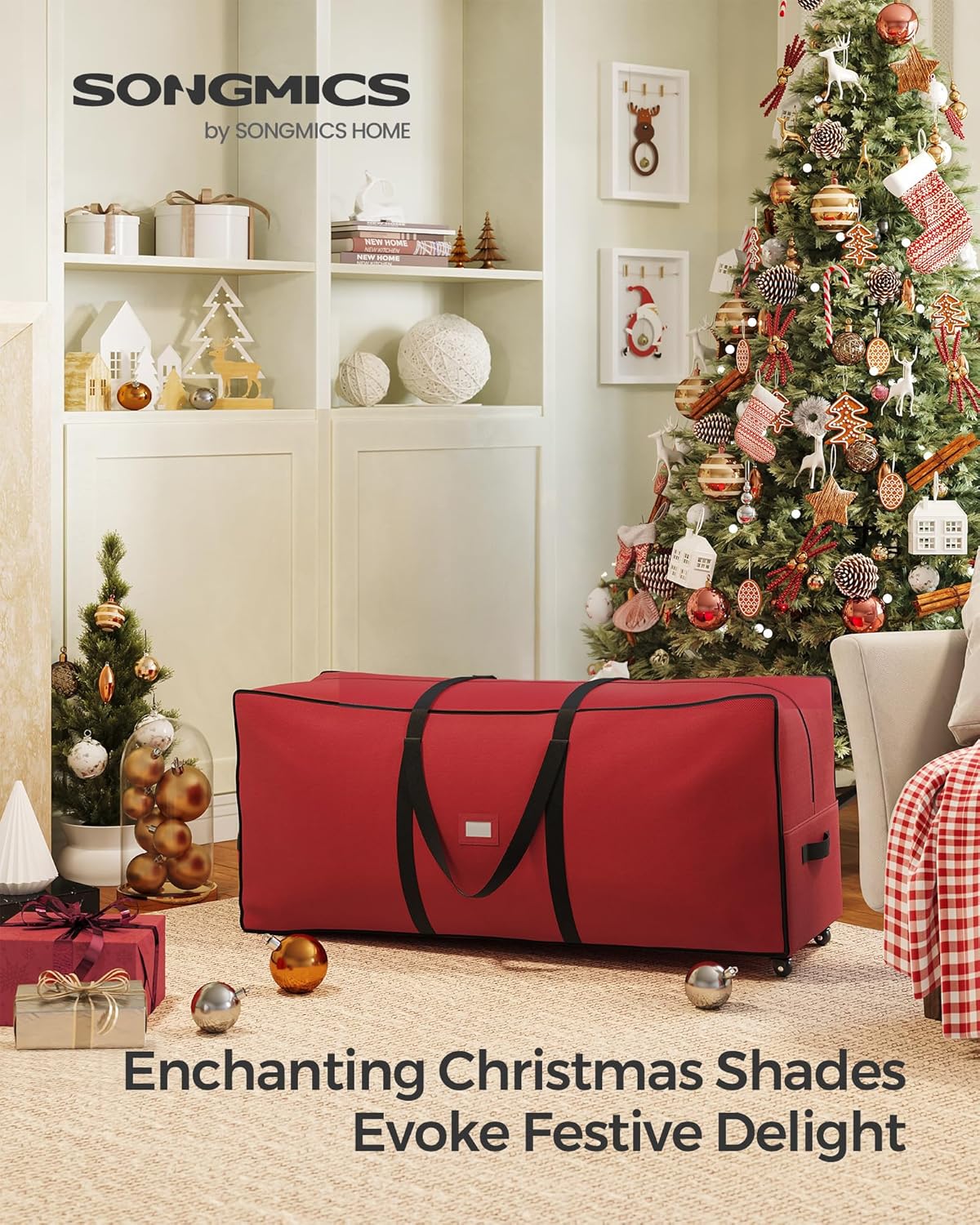 SONGMICS Christmas Tree Storage Bag - Rolling Design with Wheels, Adjustable Handles, 7.5 ft Capacity, Cherry Red