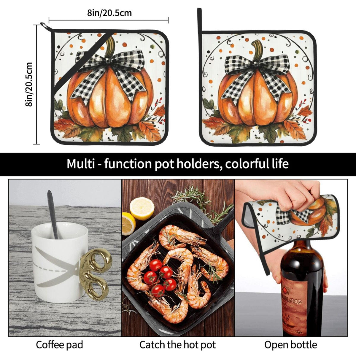 Orange Polka Dots Fall Pumpkin Pot Holders Set of 2 Maple Leaves Kitchen Decorative Heat Resistant Potholder Cotton Lining Oven Hot Pads for Cooking Baking Microwave BBQ Holiday Decors