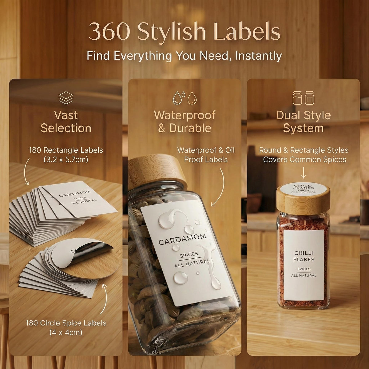 Livabl Glass Spice Jars with 360 Labels -24 pcs- 4oz- Spice Containers with Bamboo Lids -Shaker Lids- Pepper Grinder-Spice Organization for Cabinet-Drawer-Rack-Seasoning Organizer-Square bottles