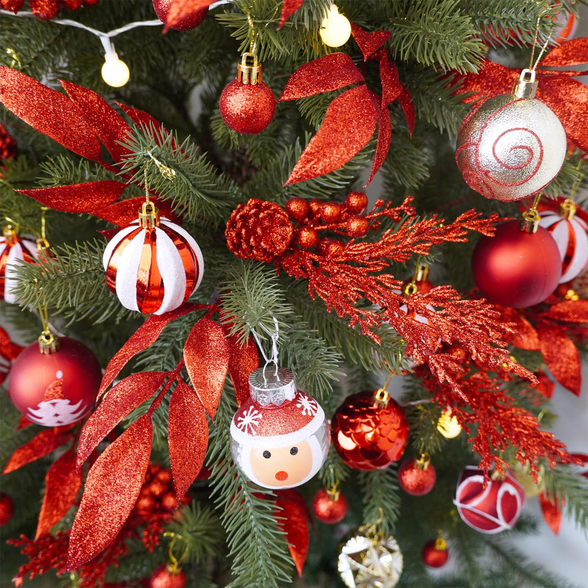 Winlyn 24 Pcs Christmas Artificial Leaf Sprays Pine Needles Pinecone Berries Stems Red Glittered Christmas Decoration Picks 12.2"- 14.2" Tall for Red Christmas Tree Wreaths Seasonal Floral Arrangement