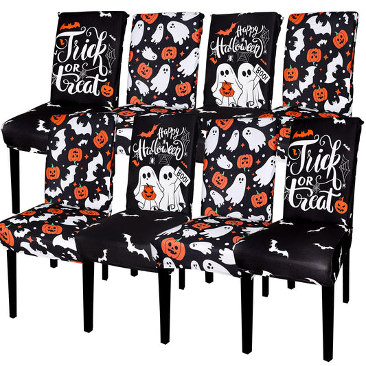 JarThenaAMCS 8Pcs Halloween Chair Covers Spooky Ghost Pumpkin Bat Dining Chair Slipcovers Black Removable Seat Covers for Home Kitchen Hotel Restaurant Decor