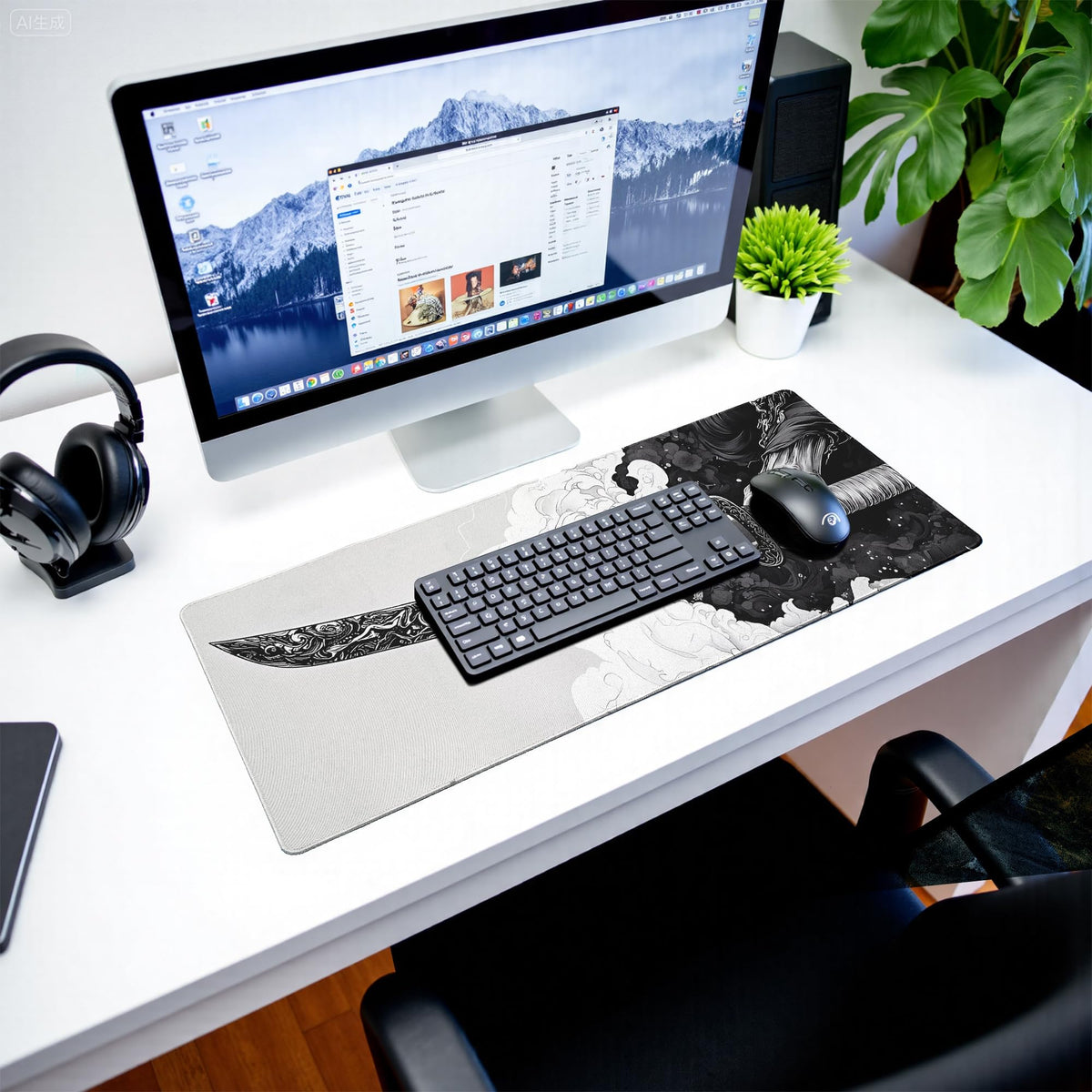 Katana Gaming Mouse Pad 31.5x11.8 Inch Large Black Long Extended Pads Big Mousepad Large Non-Slip Rubber Base Waterproof Big Keyboard Mat with Stitched Edges for PC Computer Laptop and Office