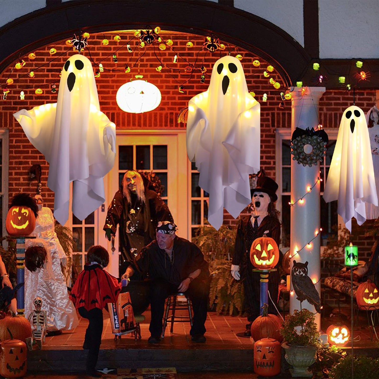 3PCS Halloween Hanging Light up Ghost with Spooky Warm White LED Light, Hanging Ghosts Light Up Kit, Ghost Halloween Decorations Outdoor for Front Yard Patio Lawn Garden Party Decor Indoor Outdoor