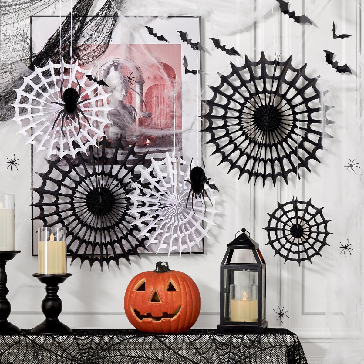 Spider Webs Halloween Decorations with 5 Black White Paper Fans, 6 Fake Spiders and 12 Bat Wall Stickers for Wall Indoor Outdoor Halloween Party Decor