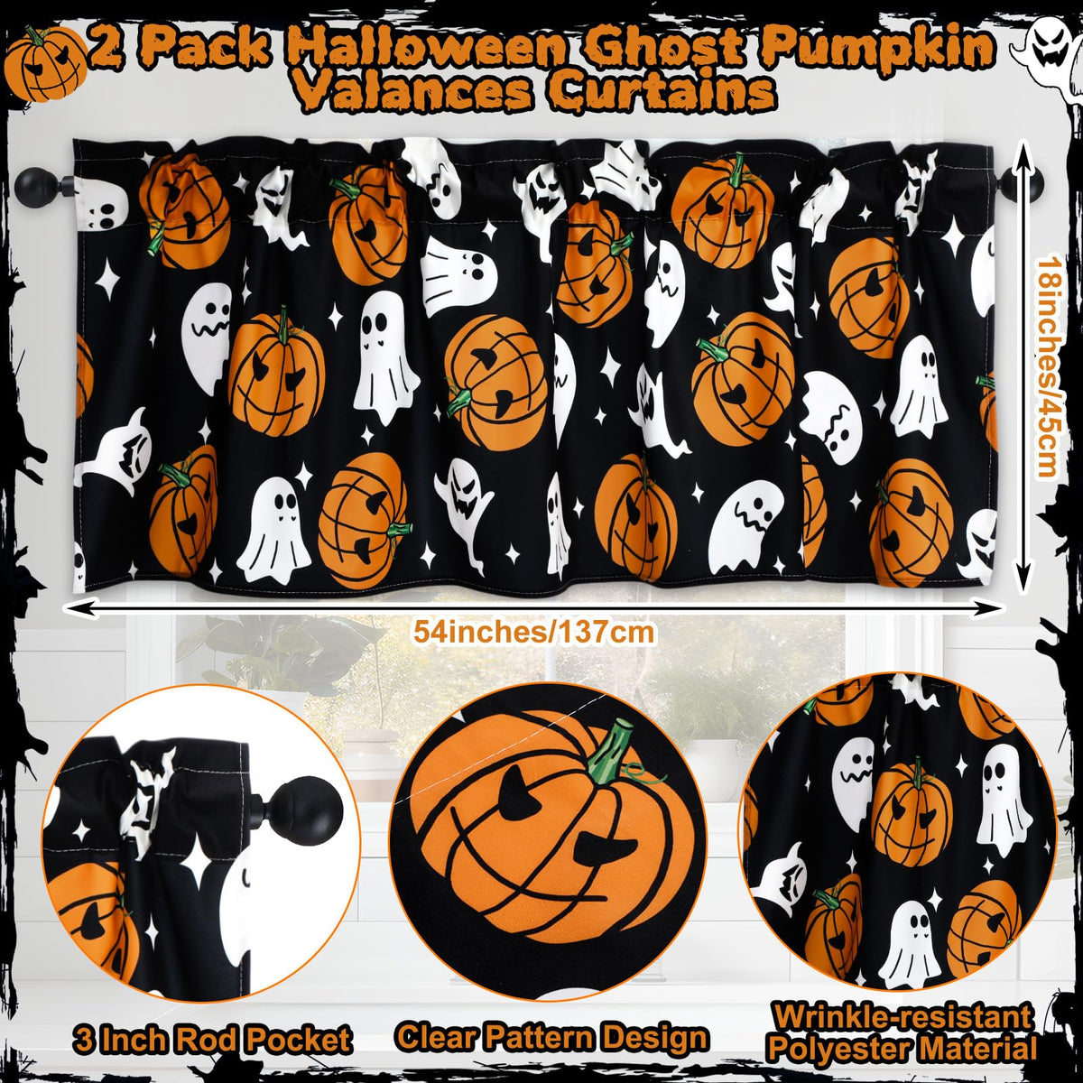 GlikCeil 2 Pack Halloween Valance Curtains for Windows Cartoon Ghost Pumpkin Valances Spooky Pumpkins Halloween Curtains Rod Pocket Short Window Treatment for Home Kitchen Windows Decor 54 x 18 Inch