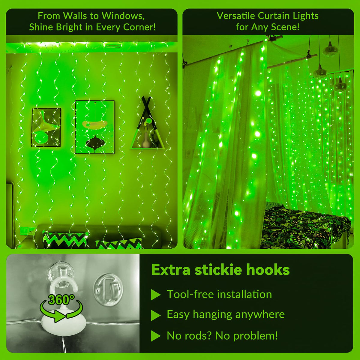HXWEIYE 300LED Fairy Curtain Lights, 9.8x9.8Ft USB Plug-in 8 Modes Christmas String Hanging Lights with Remote for Bedroom Backdrop Wedding Indoor Wall Decor, Green, Standard – 1 Pack
