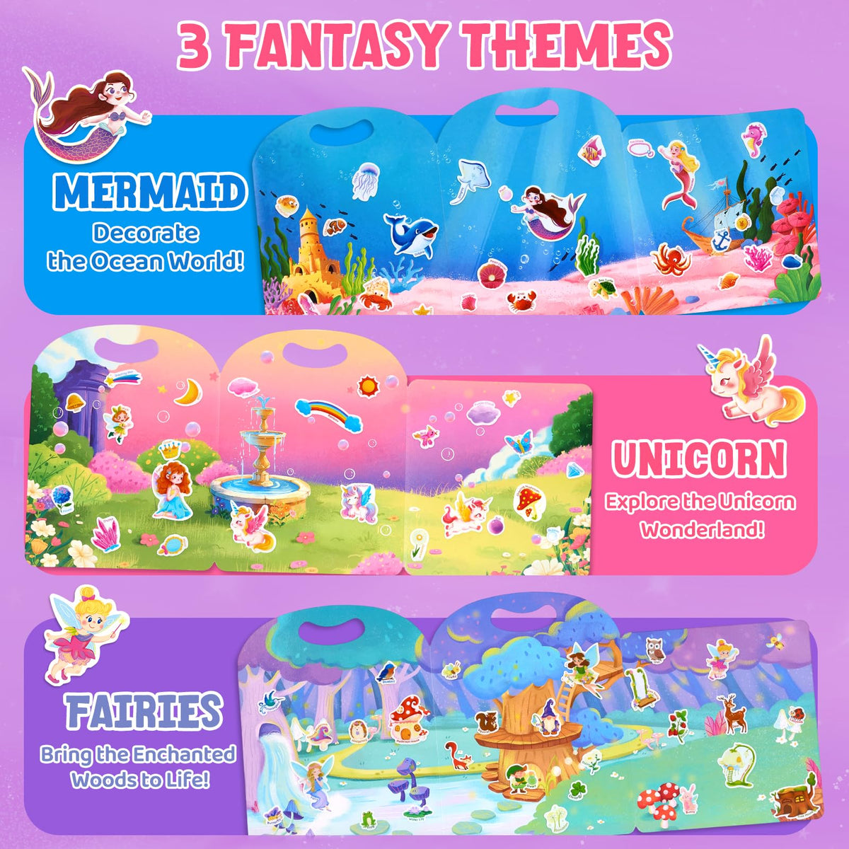 JoyCat Reusable Sticker Book Set (3-Pack): Unicorn, Fairies, Mermaid - 90 Pcs Stickers for Toddlers, Kids Sticker Activity Book, Road Trip Travel Toys, Party Favors, Birthday Gifts for Baby Girls