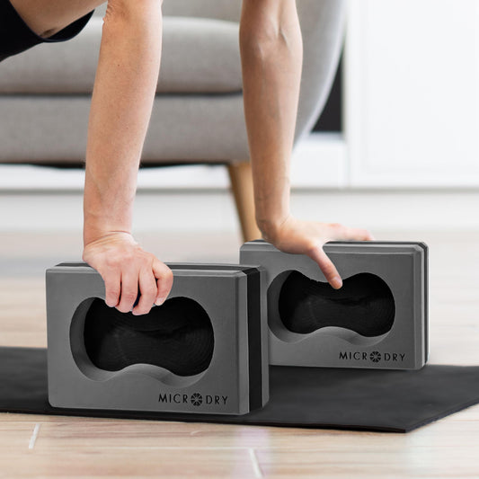 Microdry Sure-Grip Yoga Blocks, Set of 2 – Non-Slip Foam Blocks with Ergonomic Grip Cutout for Stability, Wrist Support, Flexibility & Balance Grey/Black